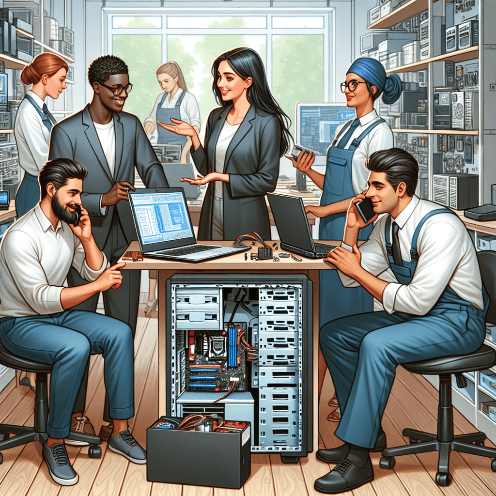 a view of an office with customers and workers engaging together